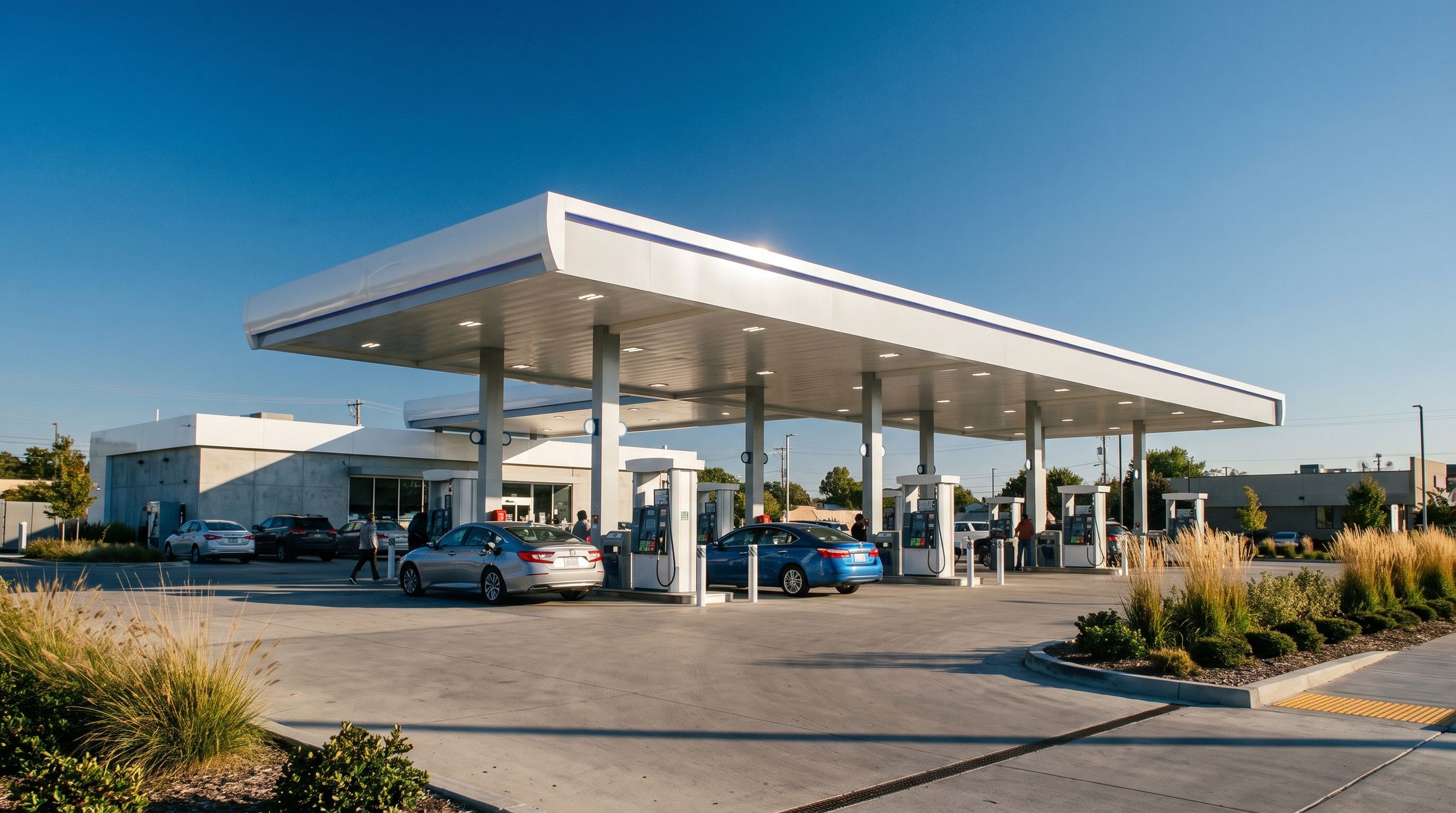 A modern fuel station forecourt in morning sunlight